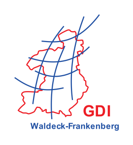 Umrisszeichnung in rot vom Landkreis Waldeck-Frankenberg mit Beschriftung GDI und Waldeck-Frankenberg.