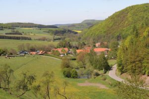 Straße von Schweinsbühl nach Deisfeld. Umgeben von einer hügeligen Landschaft, grüne Wiesen und Wälder. Im Hintergrund sieht man ein paar Häuser von Deisfeld.