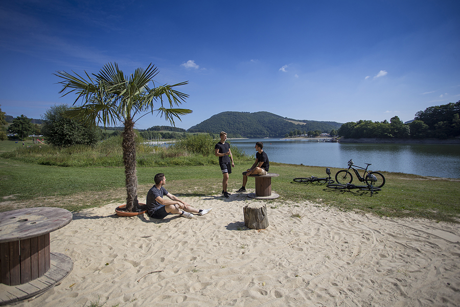 Badestrand mit Palme und Radfahrern im Hintergrund der Diemelsee.
