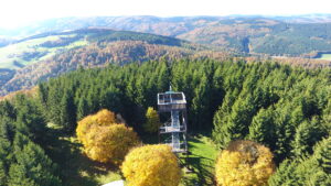 Dommelturm von oben umgeben von einem herbstliche Wald.